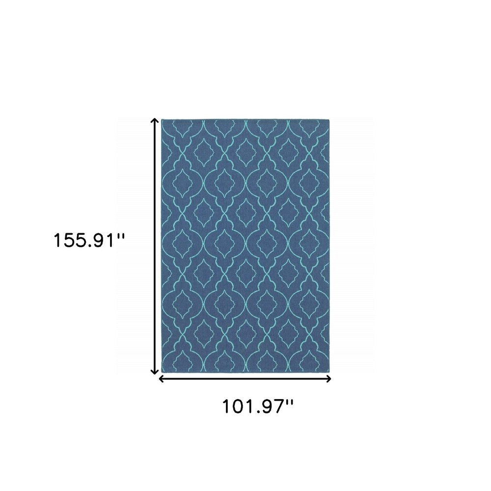 9' X 13' Blue Geometric Stain Resistant Indoor Outdoor Area Rug on a white background