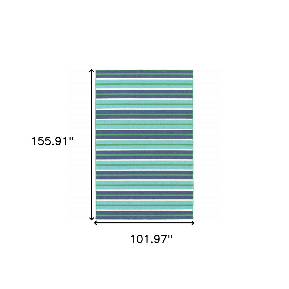 9' X 13' Blue and Green Geometric Stain Resistant Indoor Outdoor Area Rug on a white background