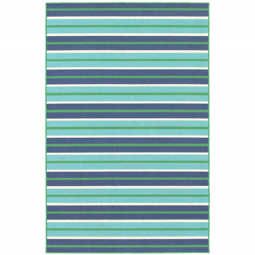 A blue and green striped indoor/outdoor area rug with a geometric pattern on a white background.