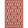 9' X 13' Red and Ivory Geometric Stain Resistant Indoor Outdoor Area Rug on a white background