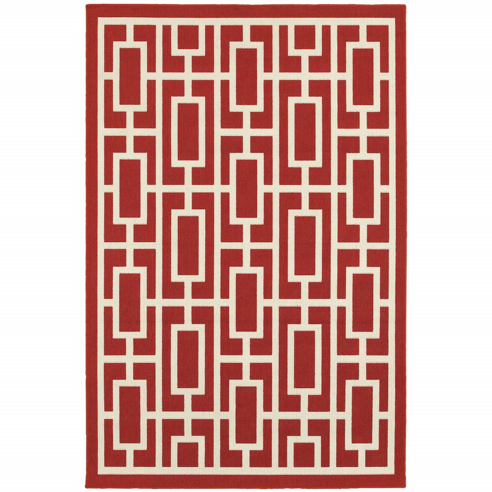 Red and ivory geometric indoor outdoor area rug with a stain-resistant finish.