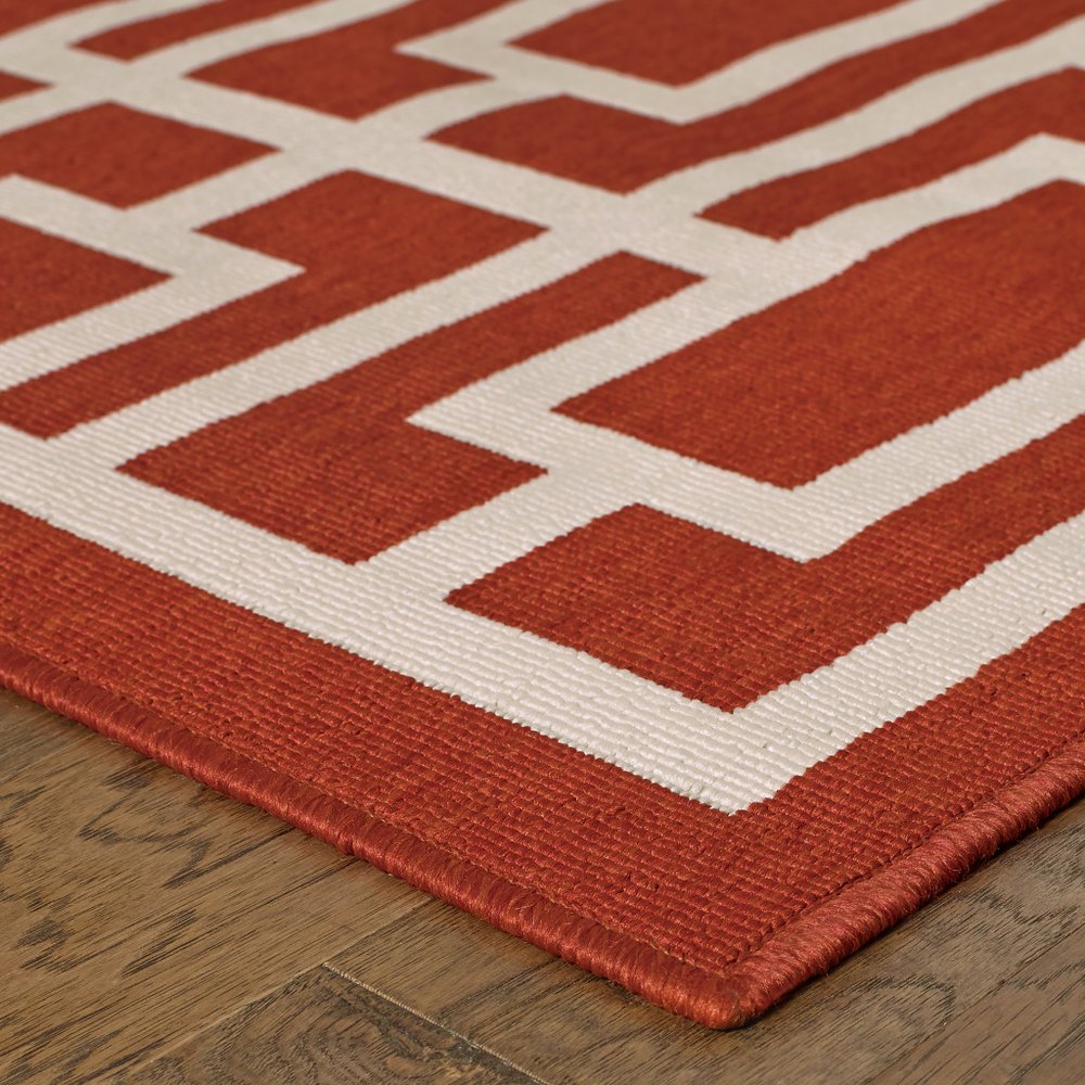 9' X 13' Red and Ivory Geometric Stain Resistant Indoor Outdoor Area Rug - SKU 507195