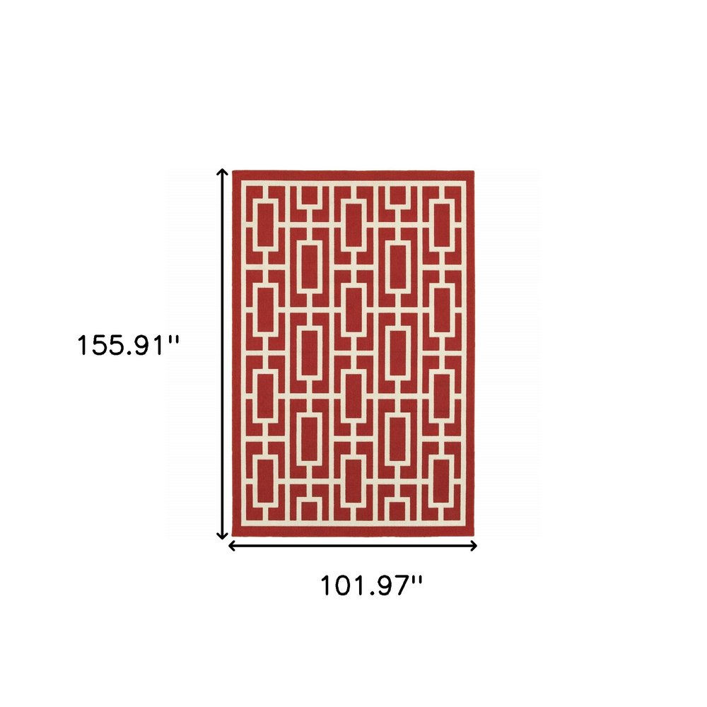 9' X 13' Red and Ivory Geometric Stain Resistant Indoor Outdoor Area Rug - SKU 507195
