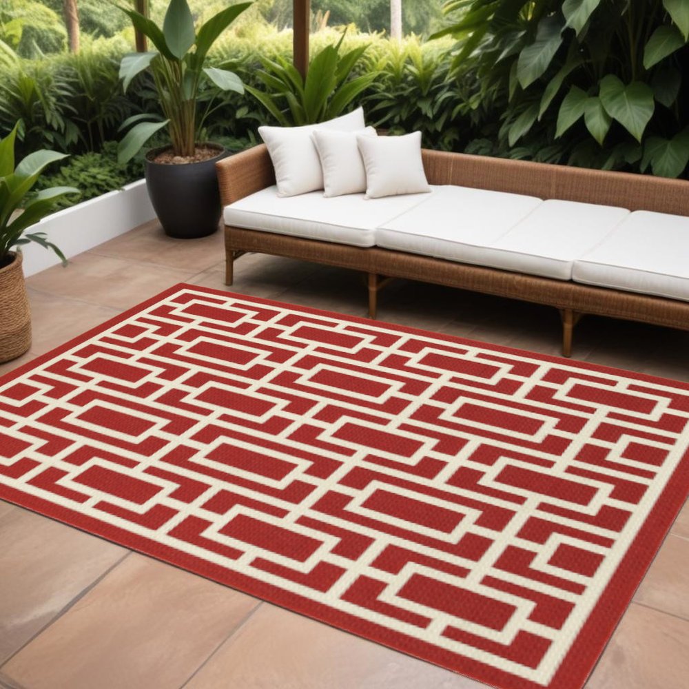 9' X 13' Red and Ivory Geometric Stain Resistant Indoor Outdoor Area Rug - SKU 507195