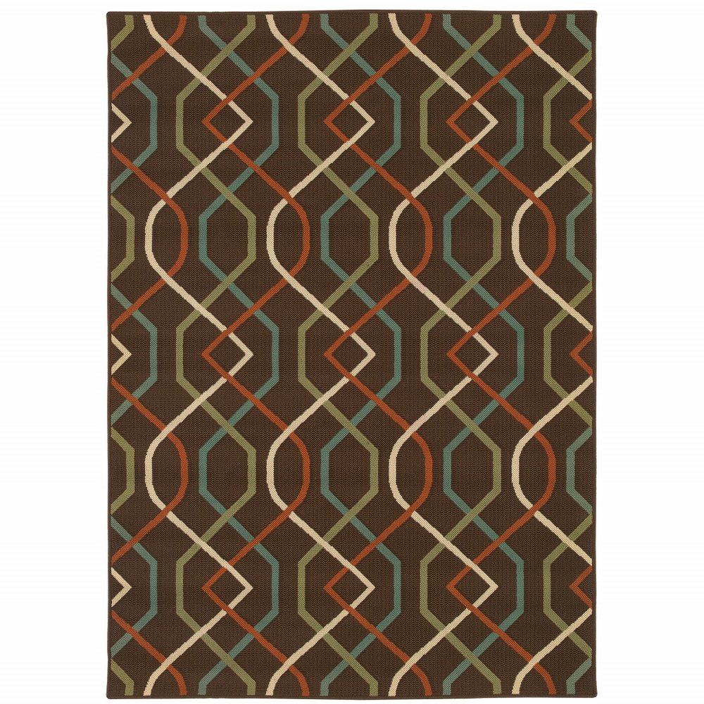 Brown indoor outdoor area rug with a geometric pattern in ivory, green, and orange.