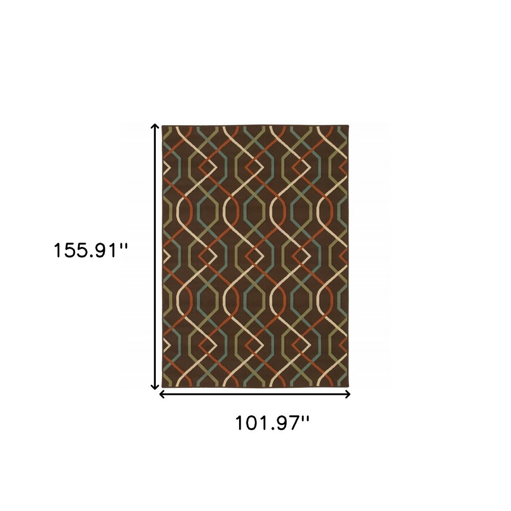 9' X 13' Brown and Ivory Geometric Stain Resistant Indoor Outdoor Area Rug on a white background
