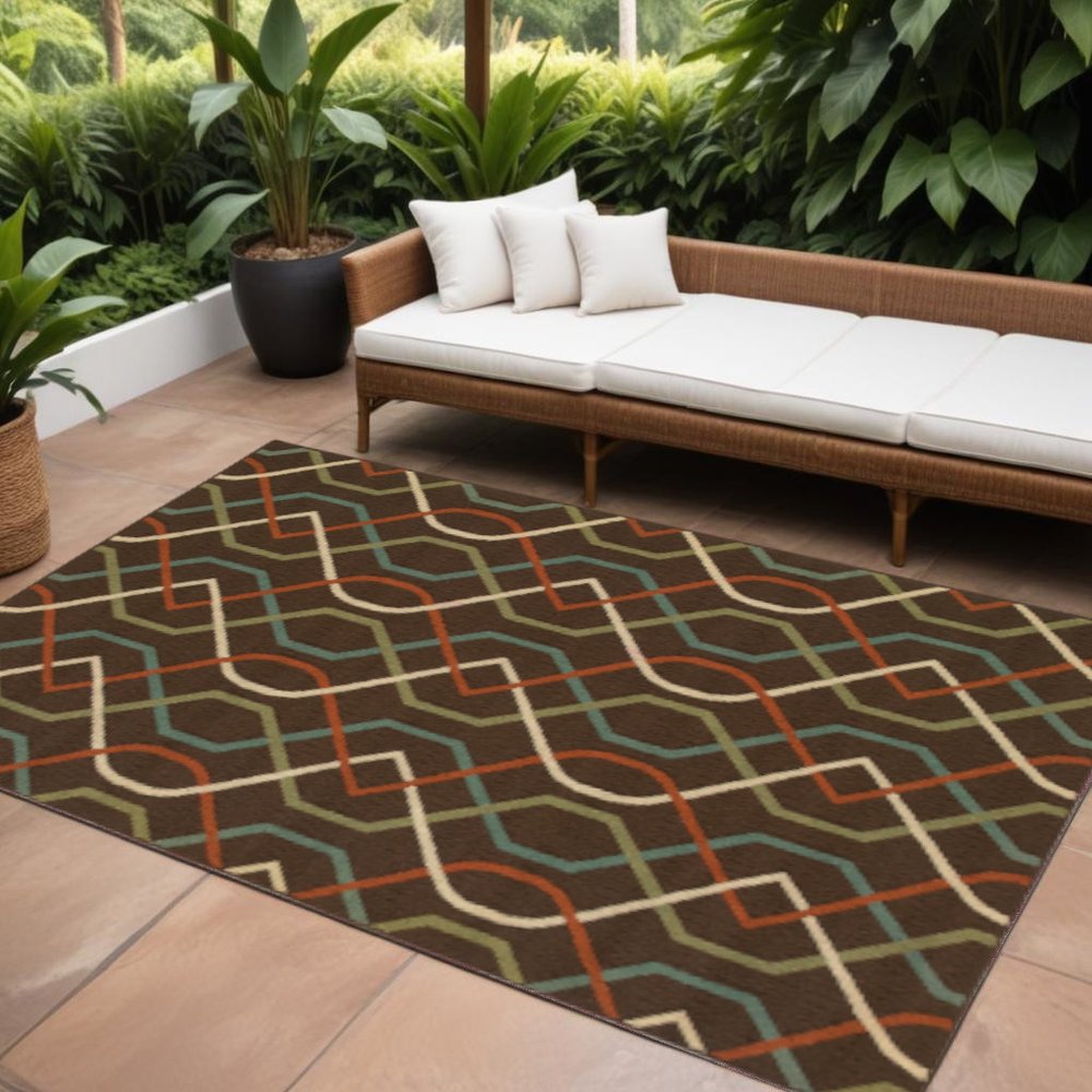 9' X 13' Brown and Ivory Geometric Stain Resistant Indoor Outdoor Area Rug