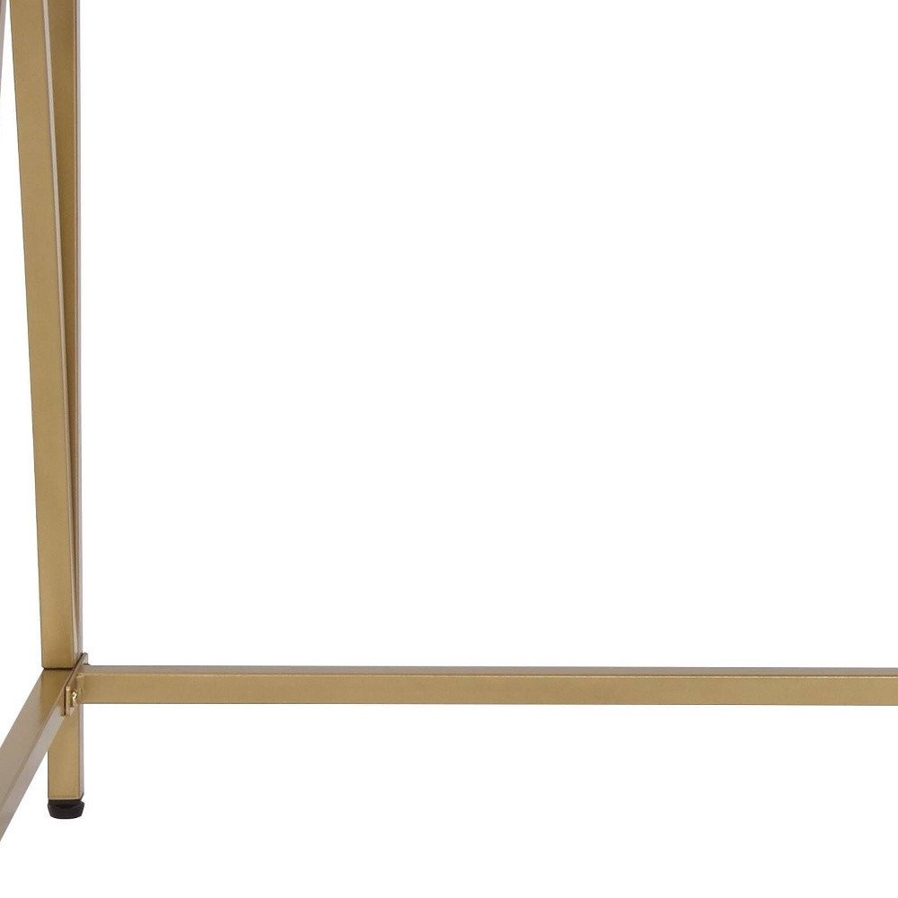 50" White And Gold Wood and Steel Vanity Table With Two Drawers. Vanity table isolated on a plain white background, showing a gold metal surface.