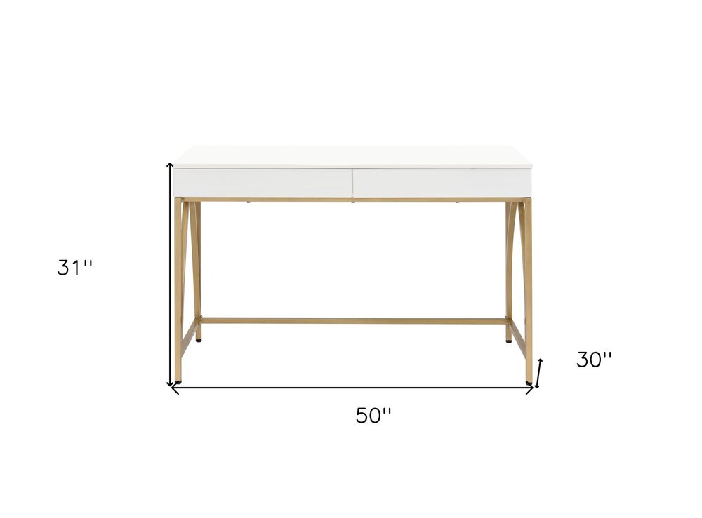 50" White And Gold Wood and Steel Vanity Table With Two Drawers. Vanity table isolated on a plain white background, in a gold metal finish.