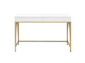 White wooden vanity table with two drawers and gold steel legs on a white background.