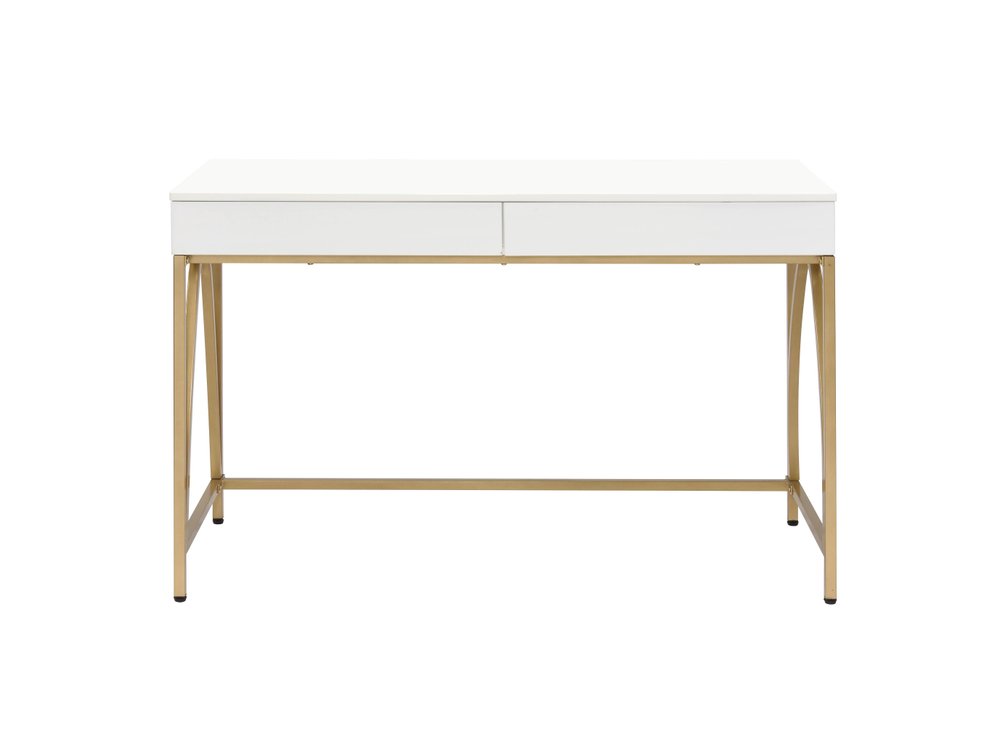 White wooden vanity table with two drawers and gold steel legs on a white background.