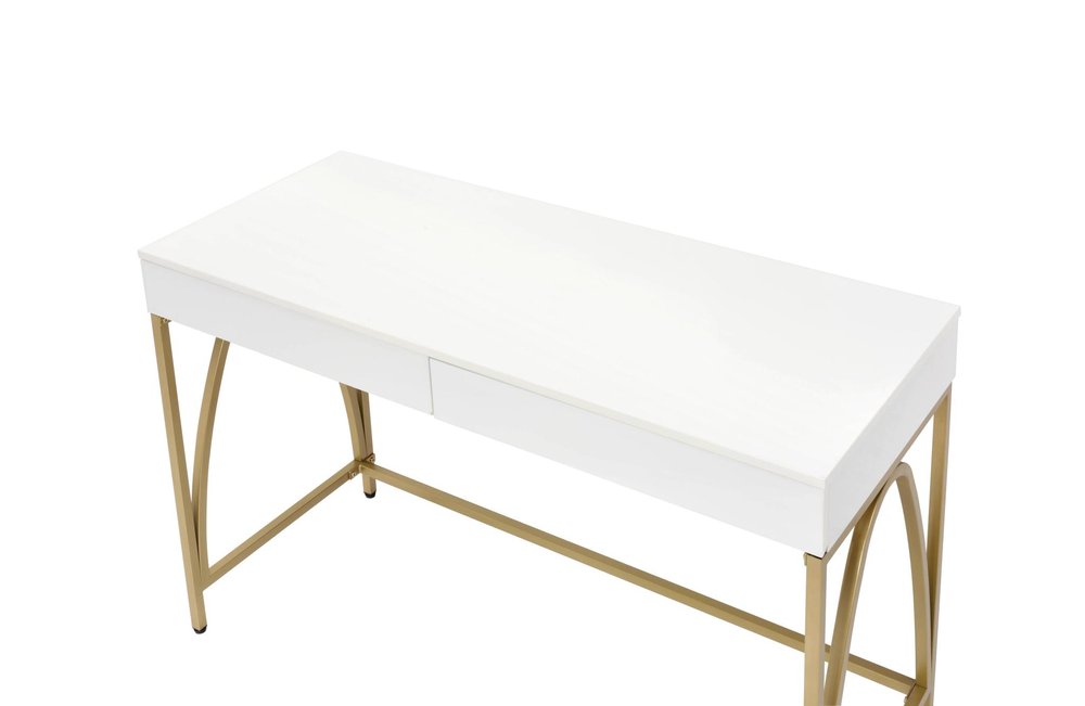50" White And Gold Wood and Steel Vanity Table With Two Drawers. Vanity table isolated on a plain white background, showing a gold metal surface.
