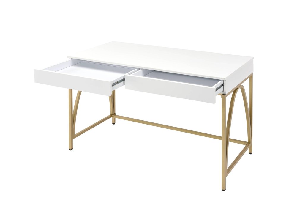 50" White And Gold Wood and Steel Vanity Table With Two Drawers. Vanity table isolated on a plain white background, in a gold metal finish.