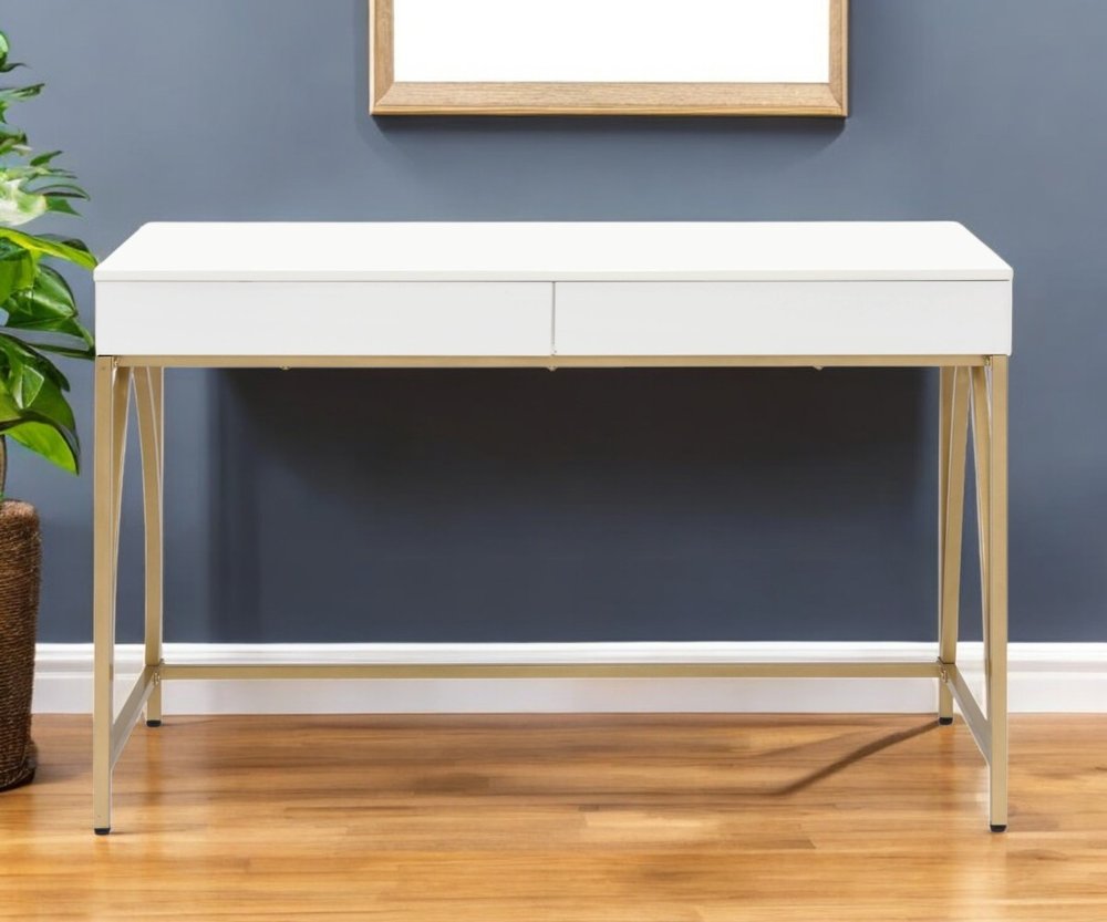 50" White And Gold Wood and Steel Vanity Table With Two Drawers. Vanity table in gold metal.