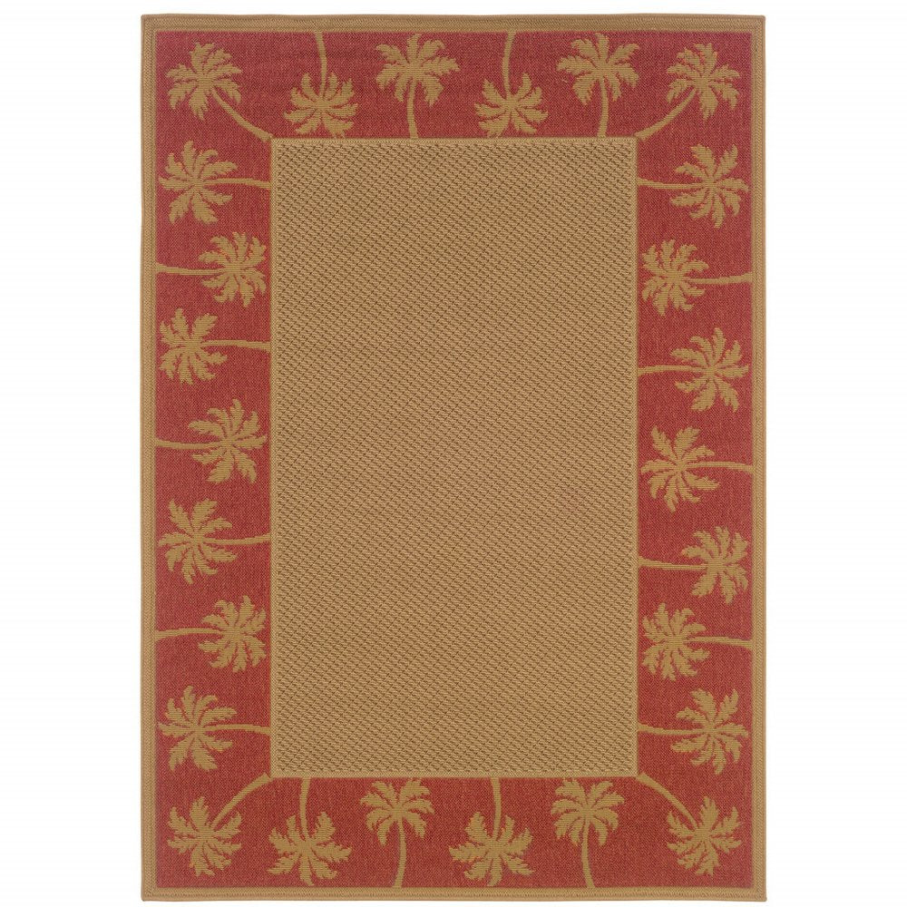 Beige and red indoor outdoor area rug with palm tree border pattern, made of woven material.