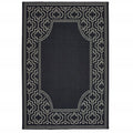 9' X 13' Black and Ivory Stain Resistant Indoor Outdoor Area Rug on a white background