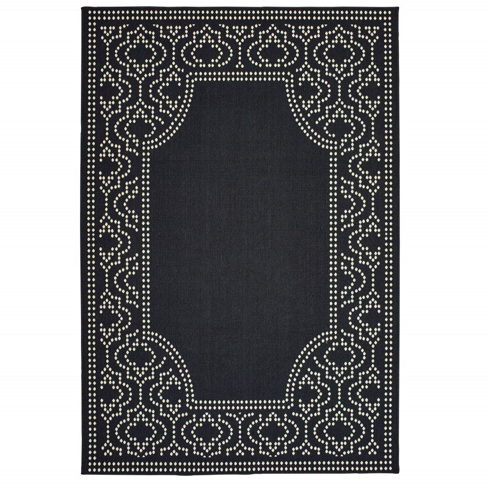 Black and ivory indoor/outdoor area rug with a decorative border, shown on a white background.