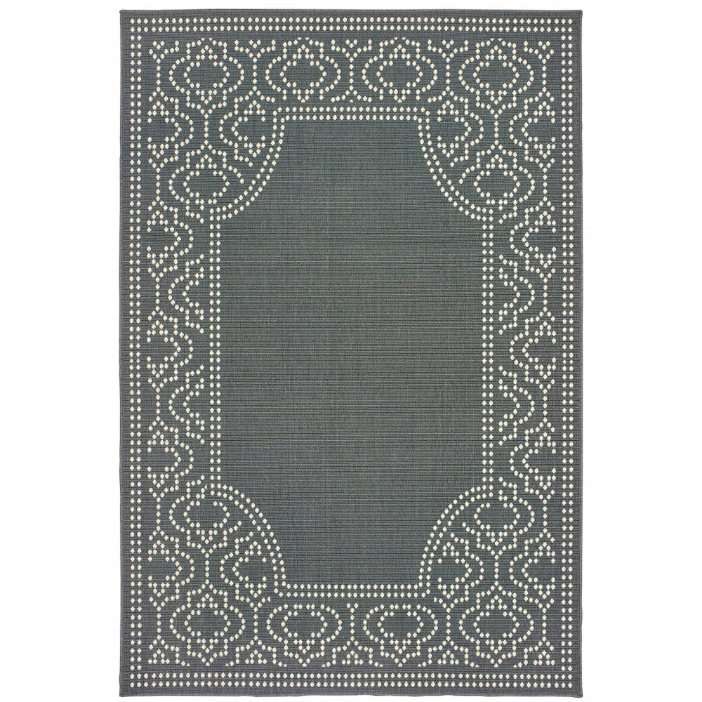 Gray and ivory indoor outdoor area rug with a geometric border pattern on a white background.