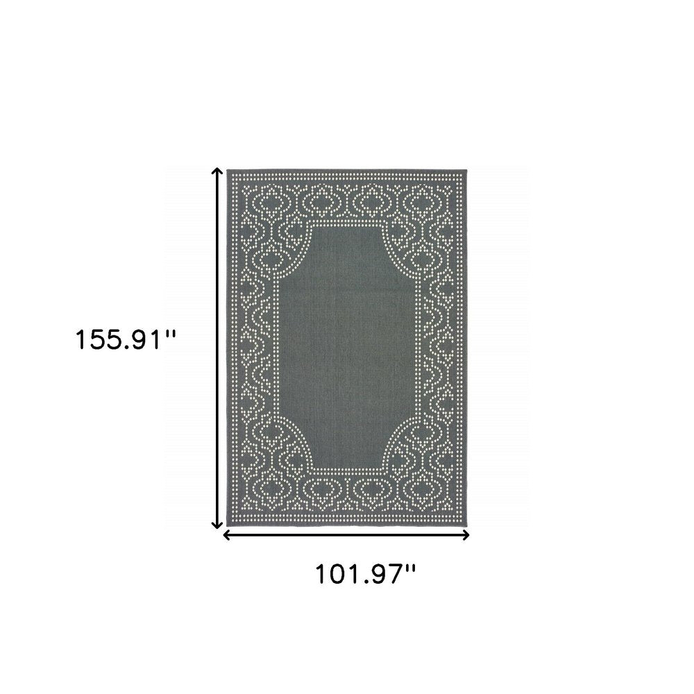 9' X 13' Gray and Ivory Stain Resistant Indoor Outdoor Area Rug on a white background