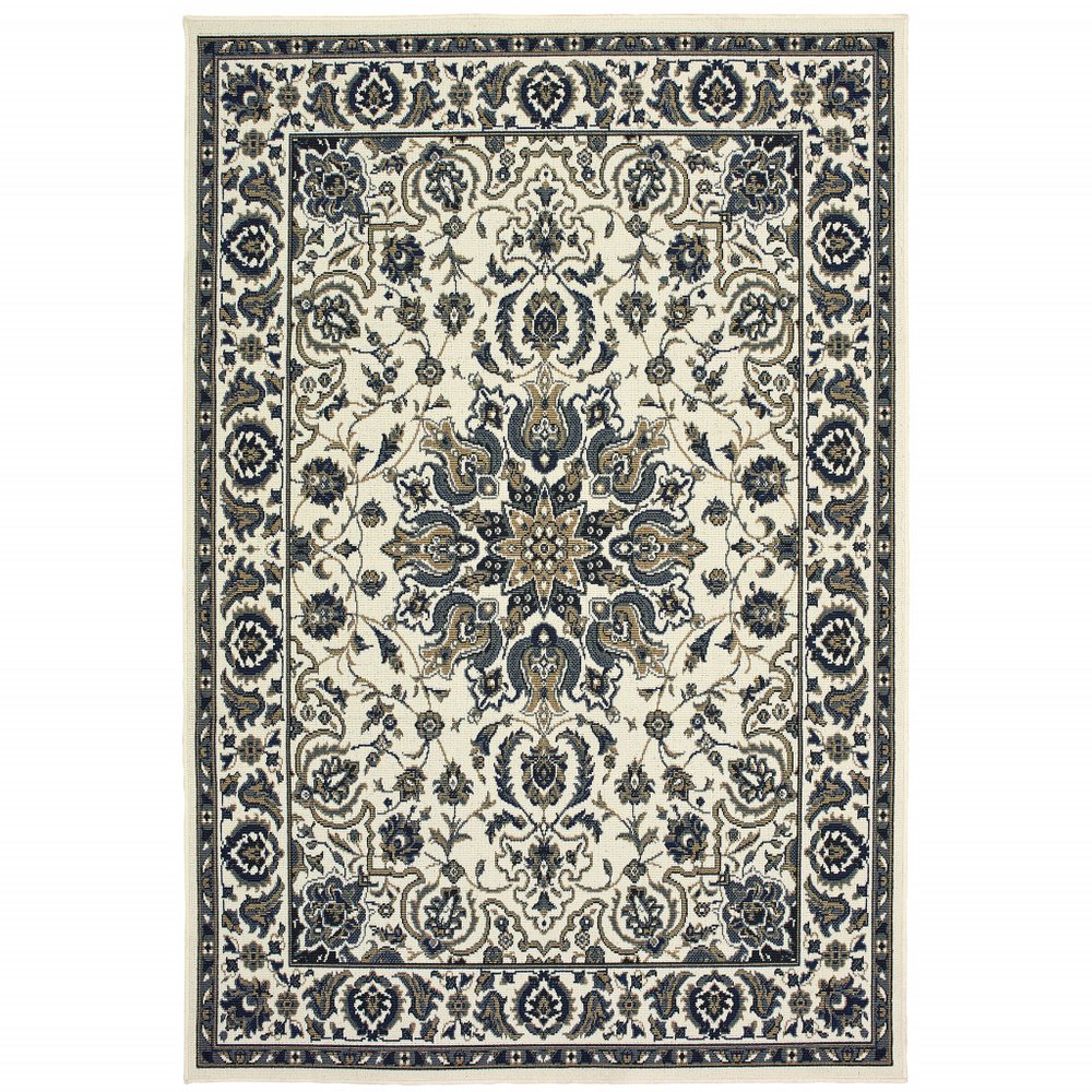 Ivory and blue oriental area rug with a floral pattern, shown on a white background.