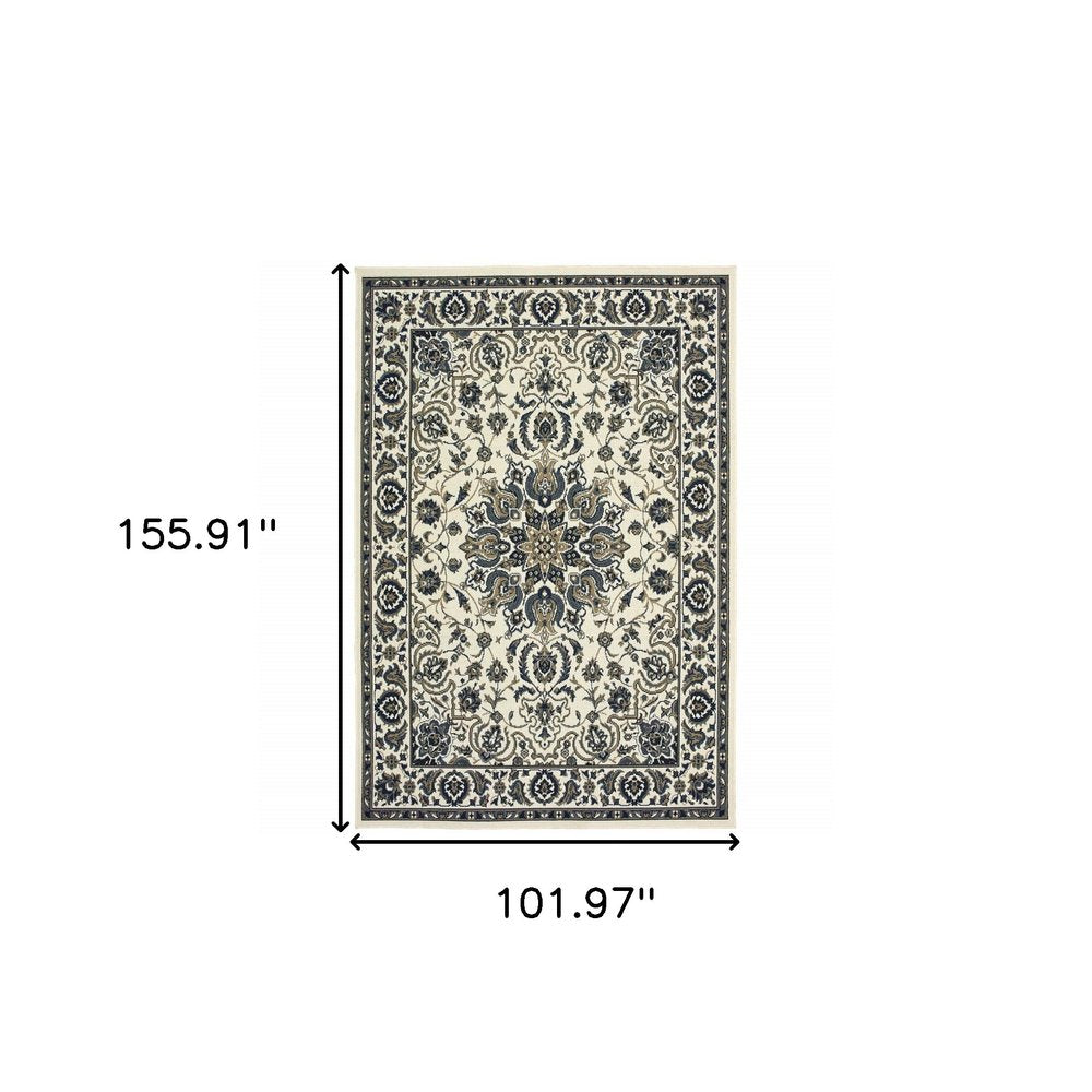 9' X 13' Ivory And Blue Oriental Indoor Outdoor Area Rug on a white background