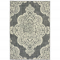 9' X 13' Gray and Ivory Oriental Stain Resistant Indoor Outdoor Area Rug on a white background