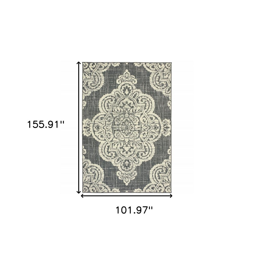 9' X 13' Gray and Ivory Oriental Stain Resistant Indoor Outdoor Area Rug on a white background