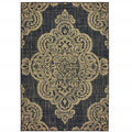 9' X 13' Black and Tan Oriental Stain Resistant Indoor Outdoor Area Rug on a white background
