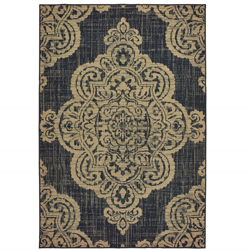 Black and tan oriental area rug with a damask pattern, made of stain-resistant material for indoor or outdoor use.