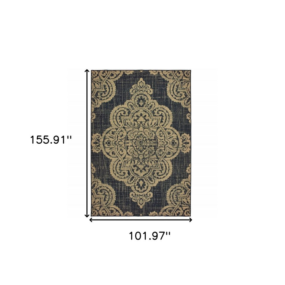 9' X 13' Black and Tan Oriental Stain Resistant Indoor Outdoor Area Rug on a white background