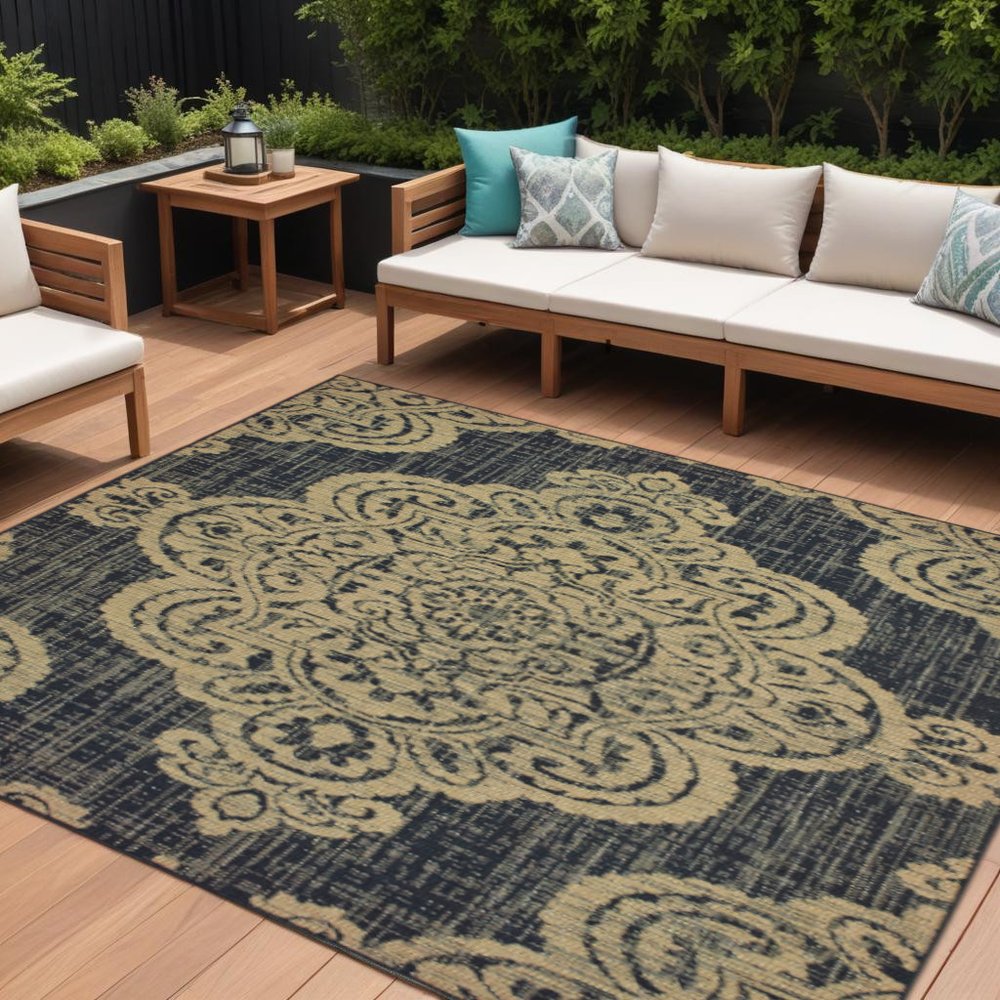 9' X 13' Black and Tan Oriental Stain Resistant Indoor Outdoor Area Rug