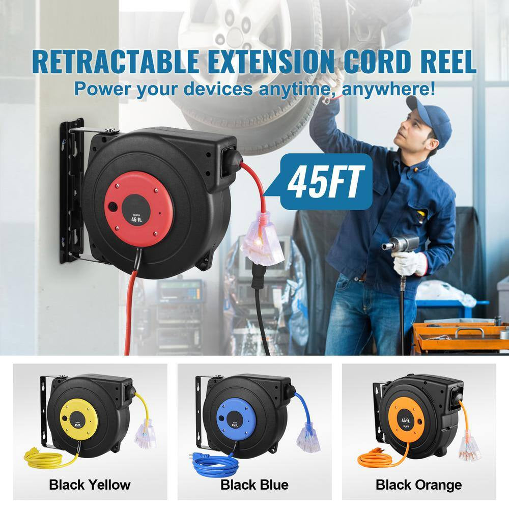 45 Ft., 12Gauge / 3 Conductors, 15 Amps Retractable Extension Cord Reel with 3-Outlets, Heavy Duty 12AWG / 3C SJTOW