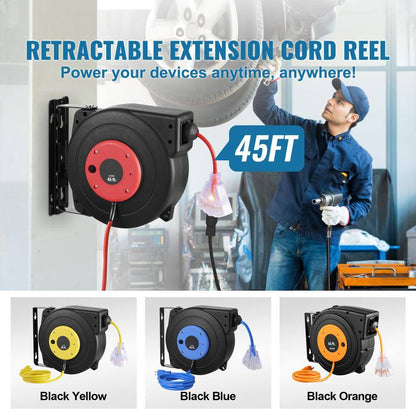 45 Ft., 12Gauge / 3 Conductors, 15 Amps Retractable Extension Cord Reel with 3-Outlets, Heavy Duty 12AWG / 3C SJTOW