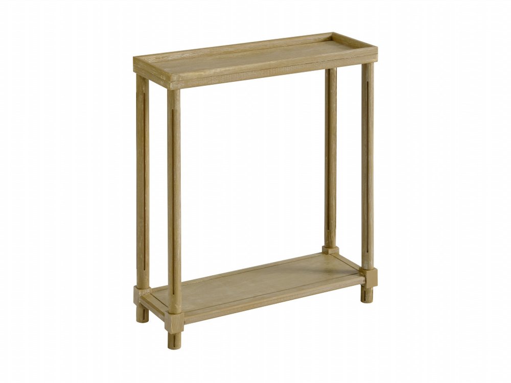 A light brown wood rectangular end table with two shelves and a white background.