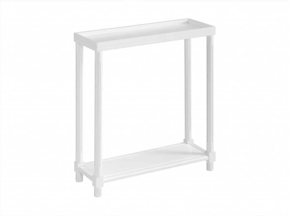 White wood rectangular end table with a shelf and a tray top on a white background.