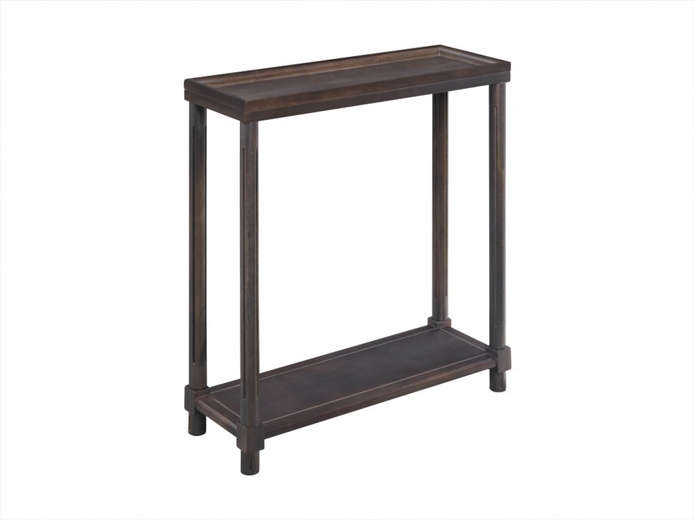 Espresso solid wood end table with a shelf and a tray top, isolated on a white background.