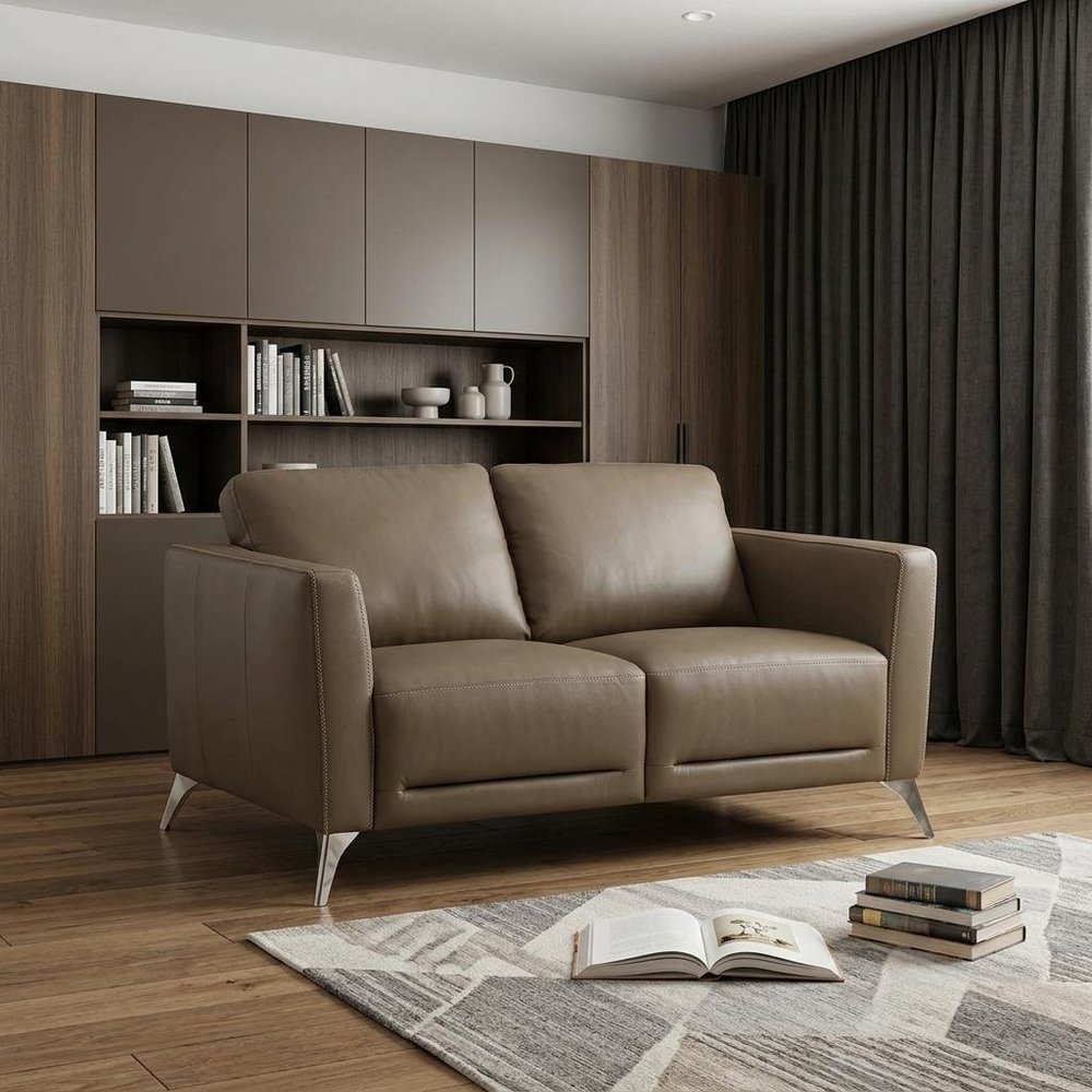 59" Brown And Silver Leather Loveseat