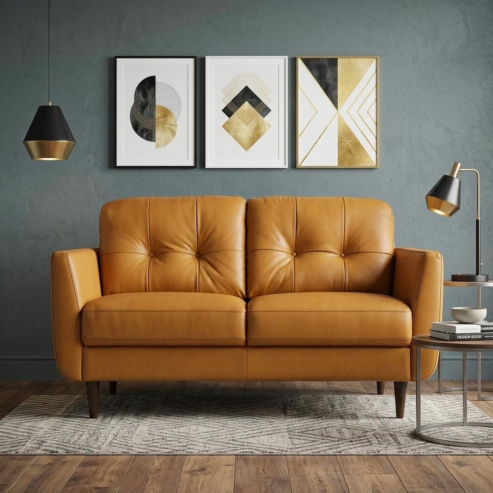 59" Camel And Brown Leather Loveseat