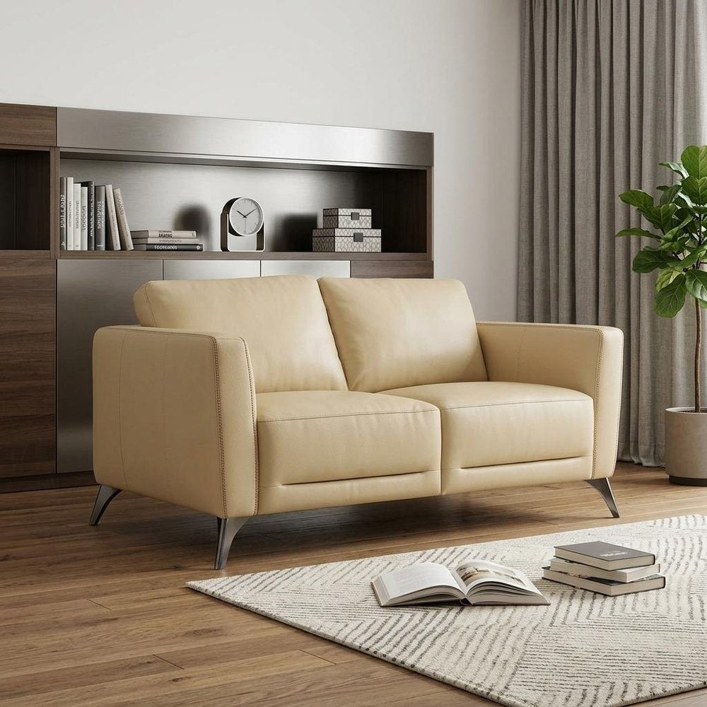 59" Cream And Silver Leather Loveseat