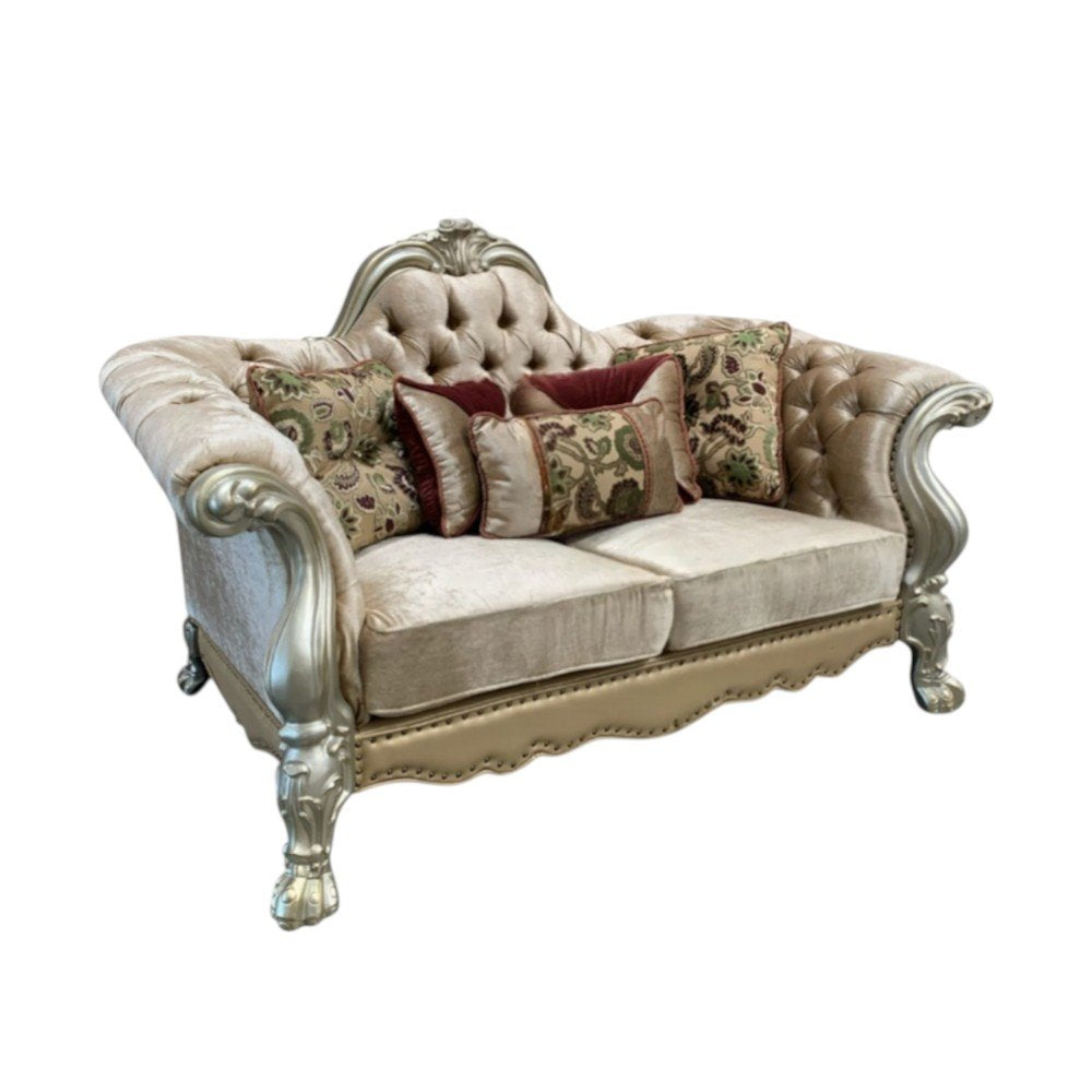 73" Bone Velvet Loveseat and Toss Pillows on a white background