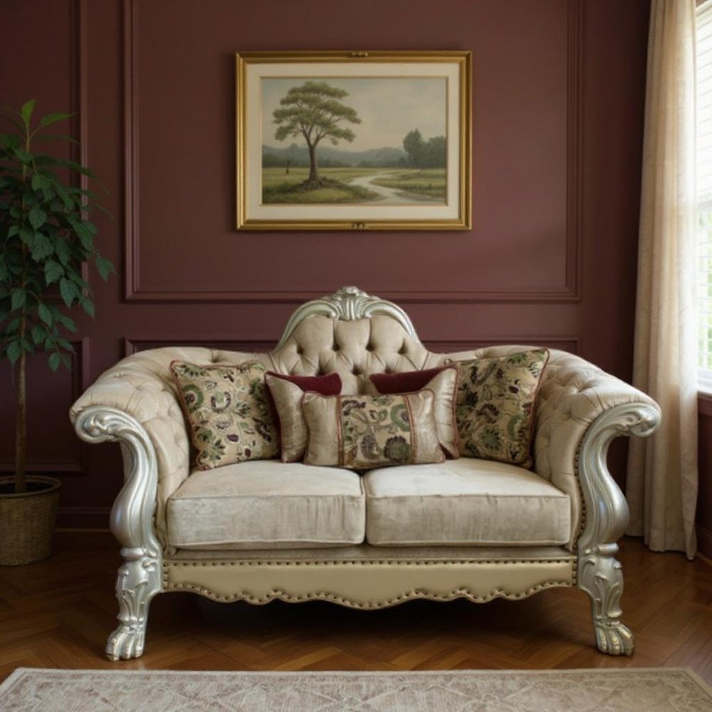 73" Bone Velvet Loveseat and Toss Pillows in a home interior