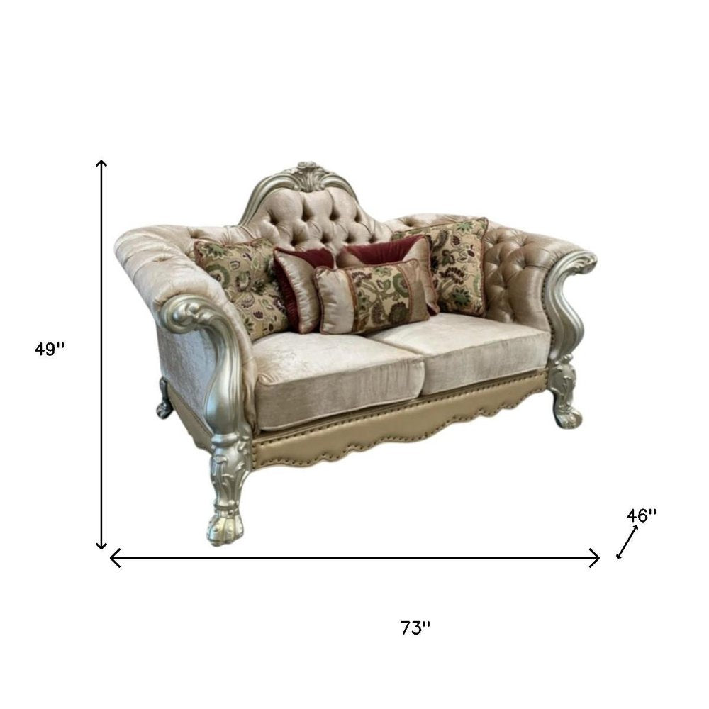 73" Bone Velvet Loveseat and Toss Pillows on a white background