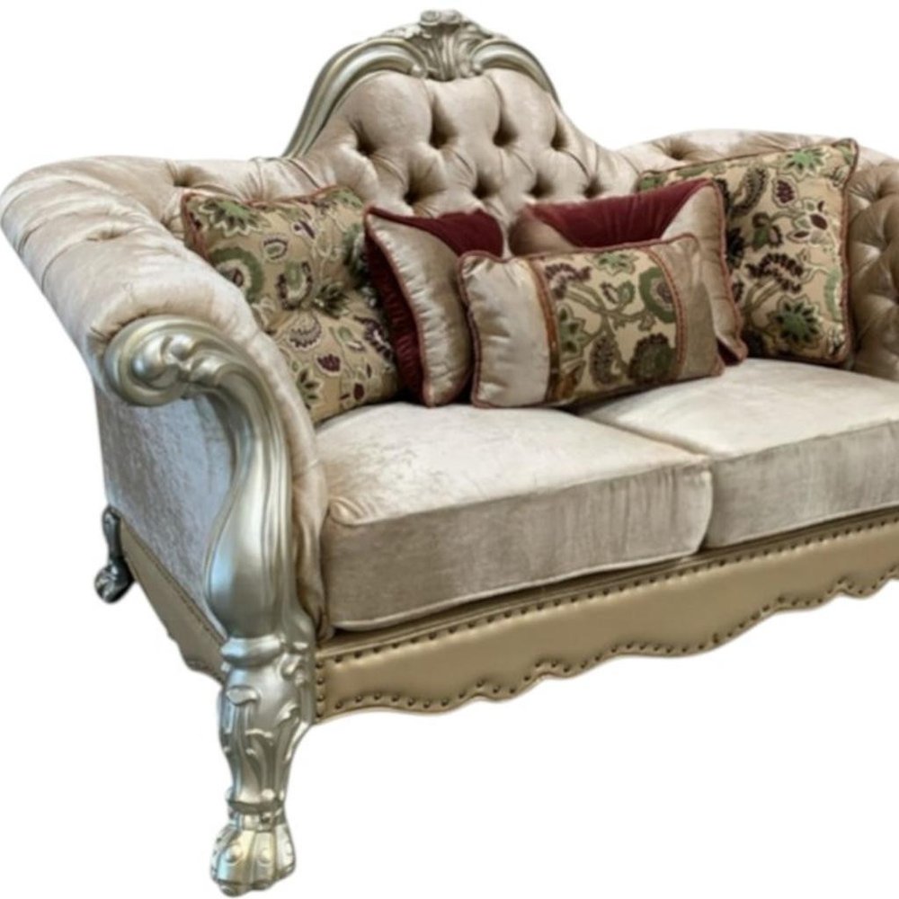 73" Bone Velvet Loveseat and Toss Pillows on a white background