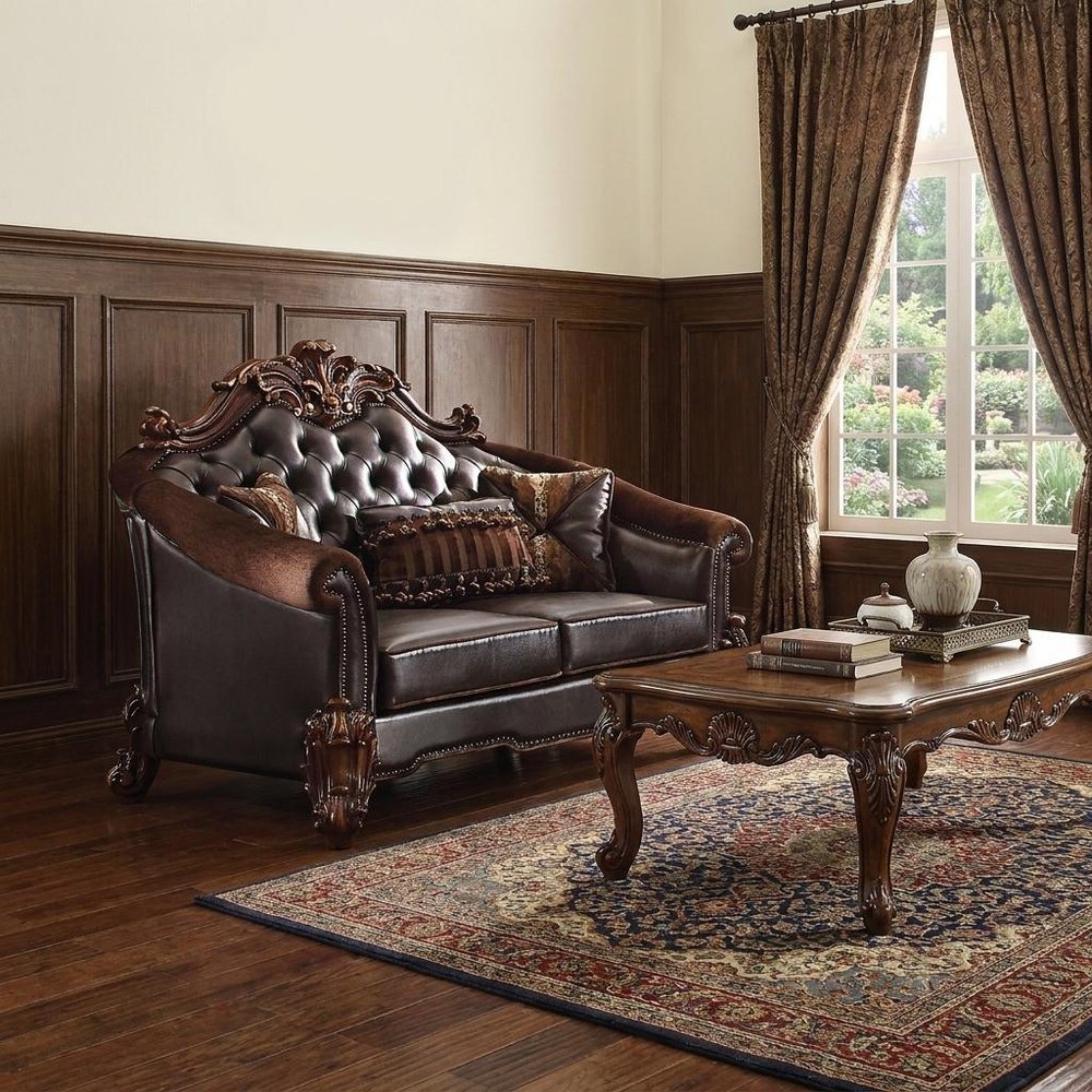 66" Brown And Dark Brown Chenille And Faux Leather Loveseat and Toss Pillows
