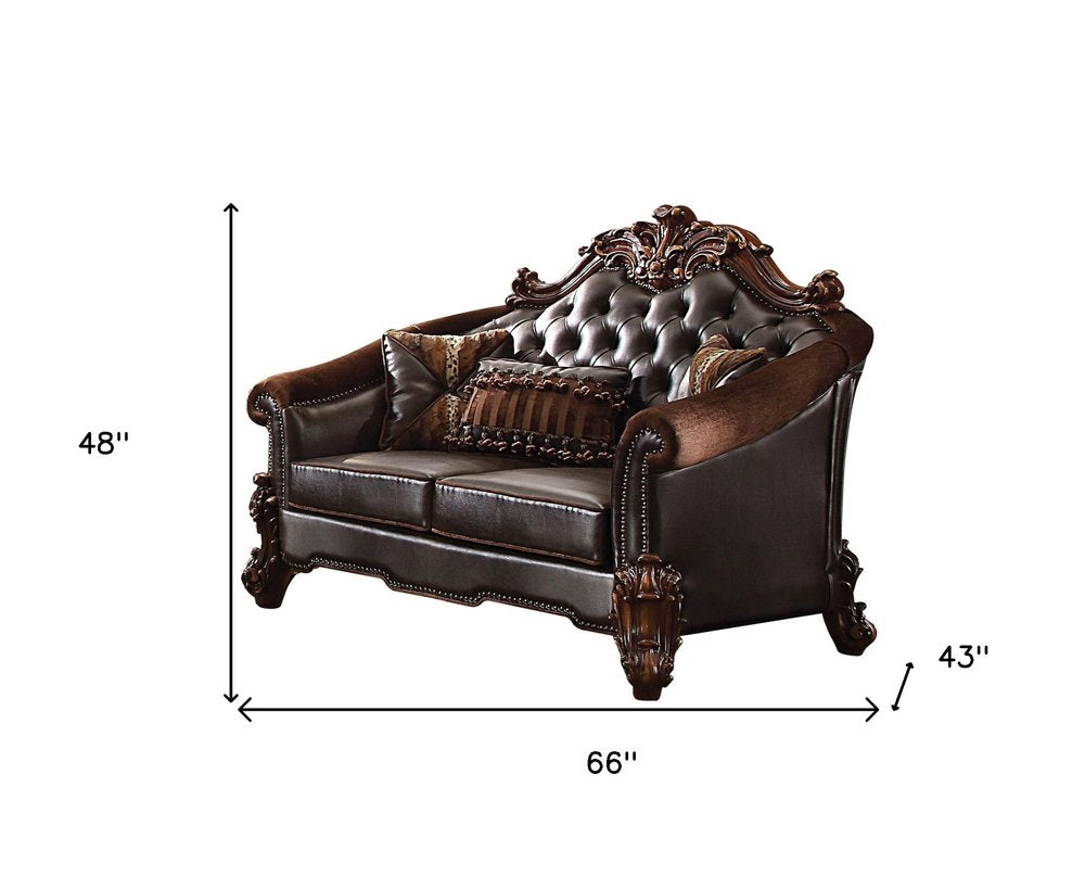 66" Brown And Dark Brown Chenille And Faux Leather Loveseat and Toss Pillows