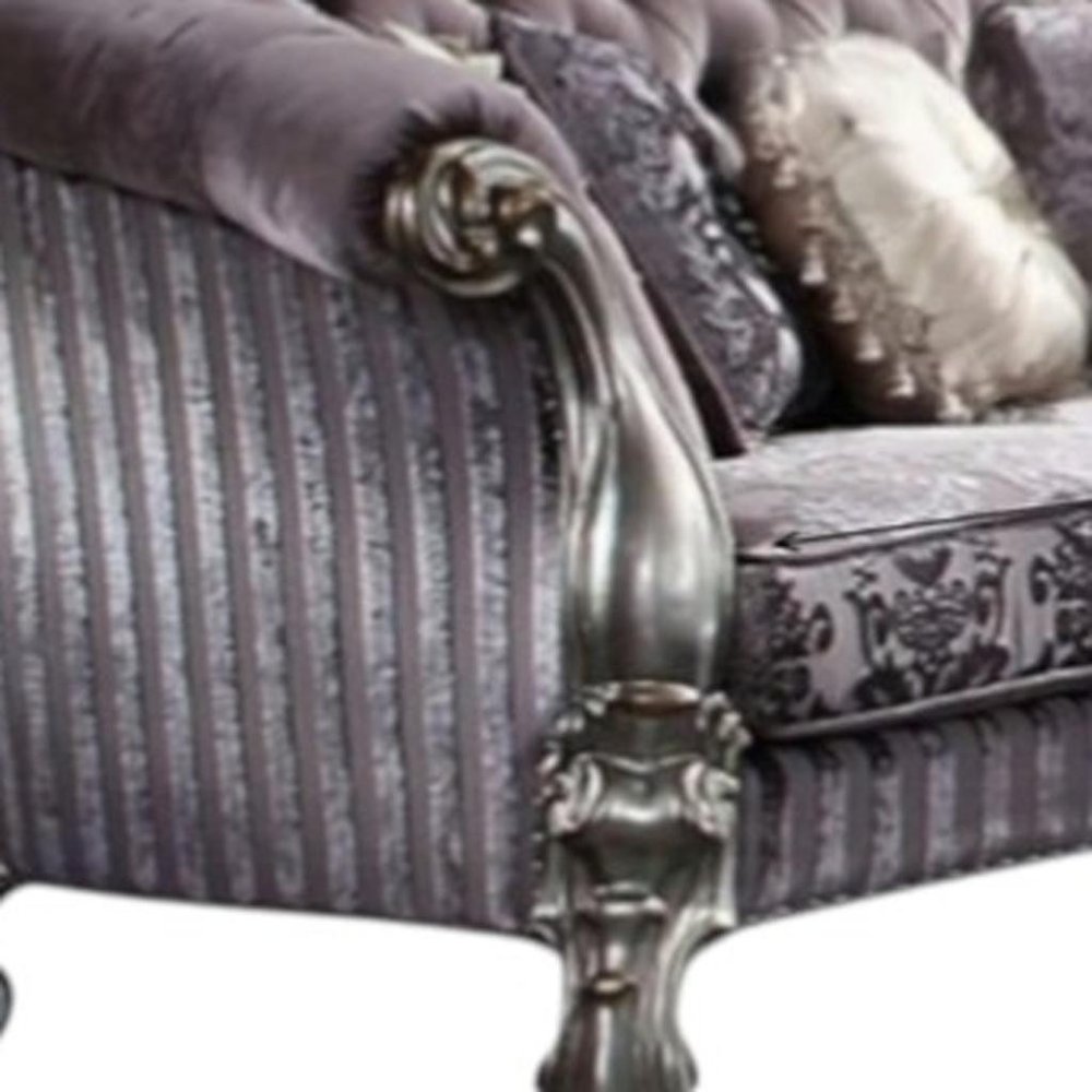 76" Purple And Platinum Velvet Loveseat and Toss Pillows close-up detail