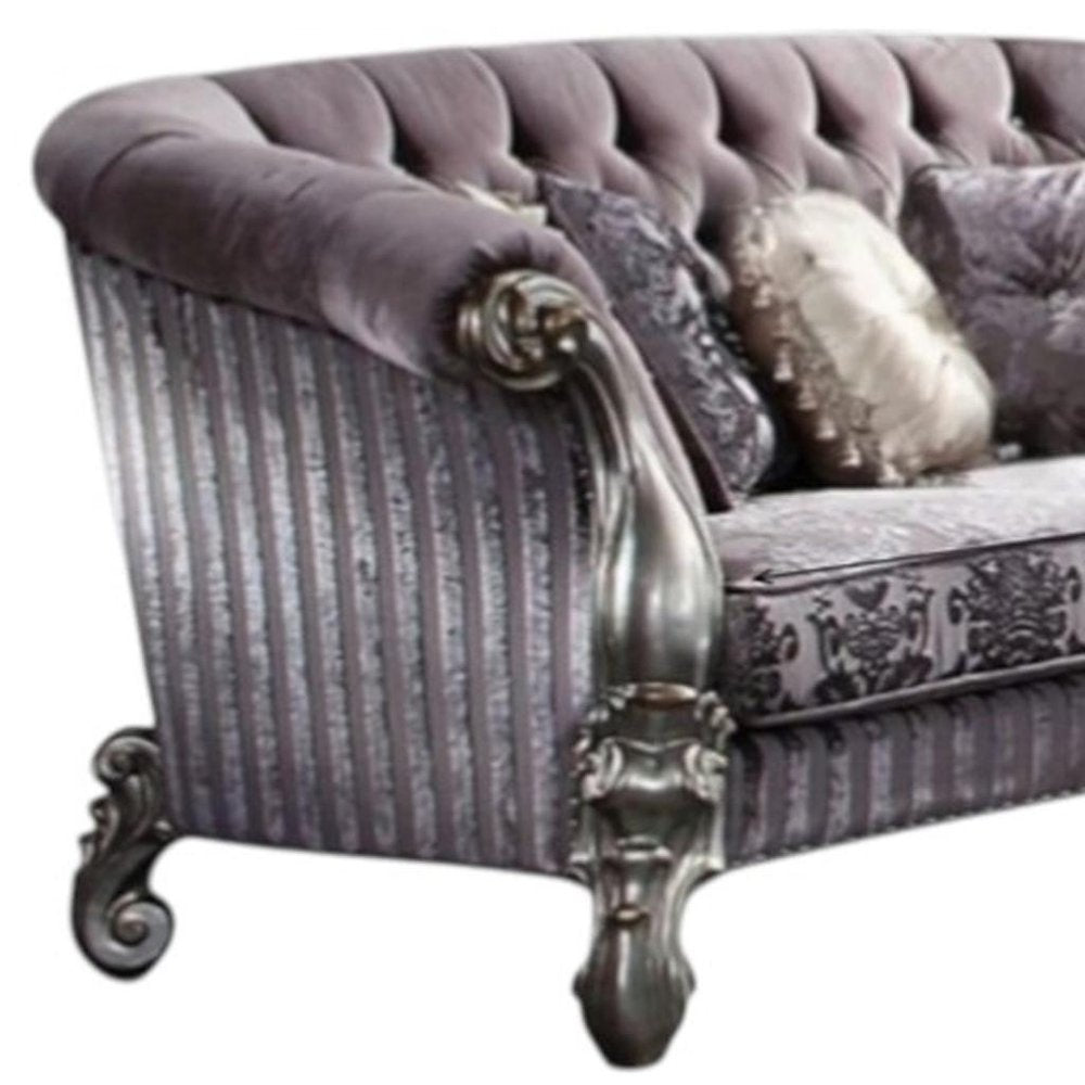 76" Purple And Platinum Velvet Loveseat and Toss Pillows on a white background
