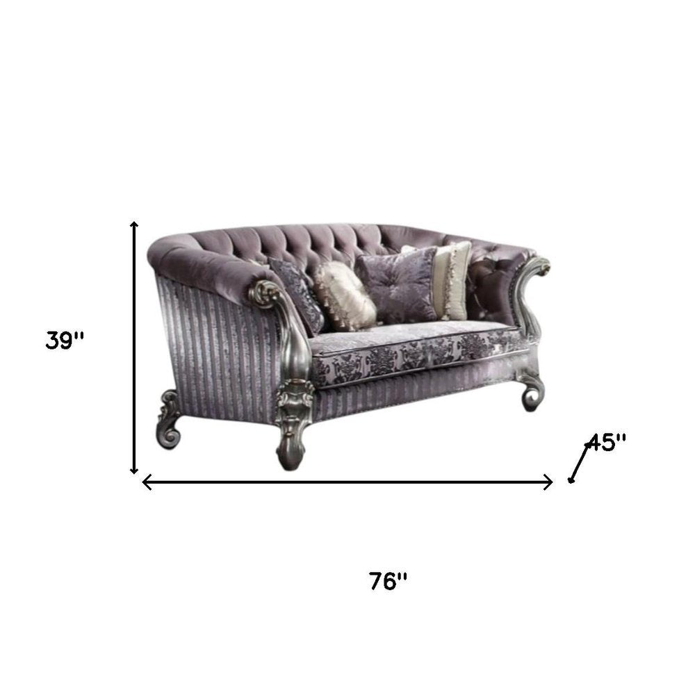 76" Purple And Platinum Velvet Loveseat and Toss Pillows on a white background