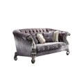 76" Purple And Platinum Velvet Loveseat and Toss Pillows on a white background