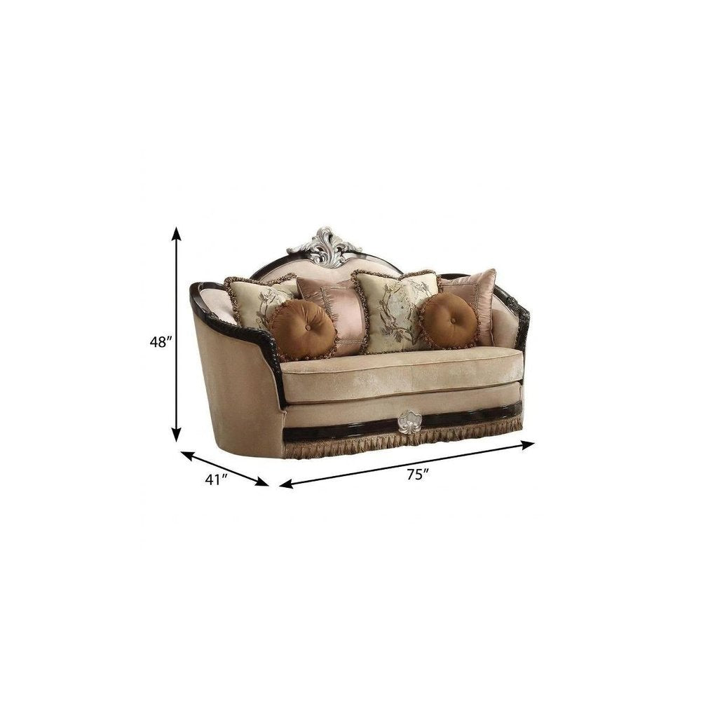 75" Tan Velvet Curved Loveseat and Toss Pillows